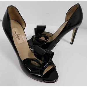 New Valentino Garavani Black‎ Patent Leather Bow Open Toe D'Orsay Pumps 35